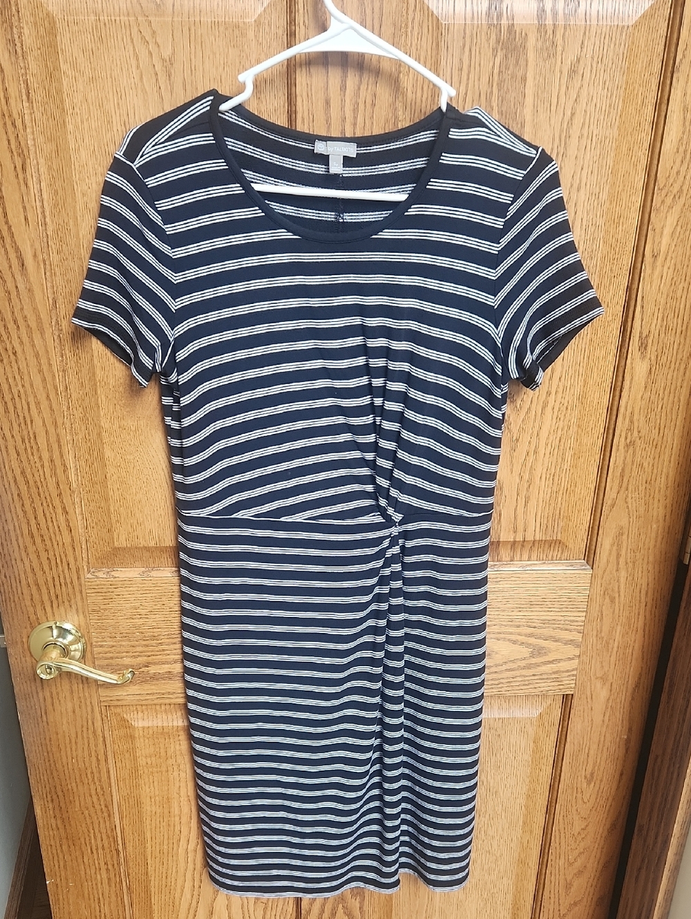 T by Talbots Black & White Striped Twist-Front Tee Dress